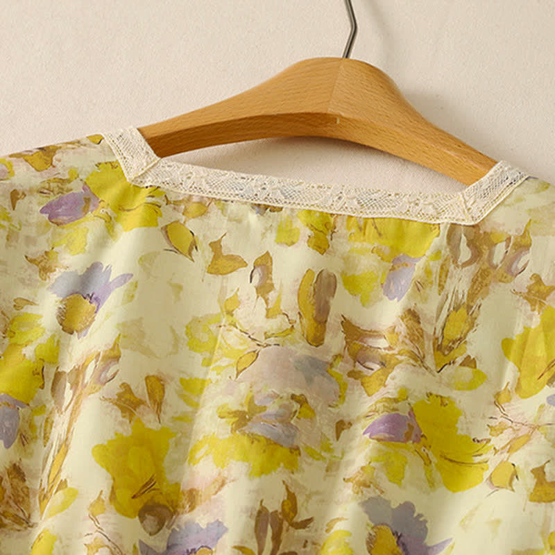 Nimara Ritual Spring Summer Vintage Drawstring Floral Women's Short Sleeve Dresses With Pocket