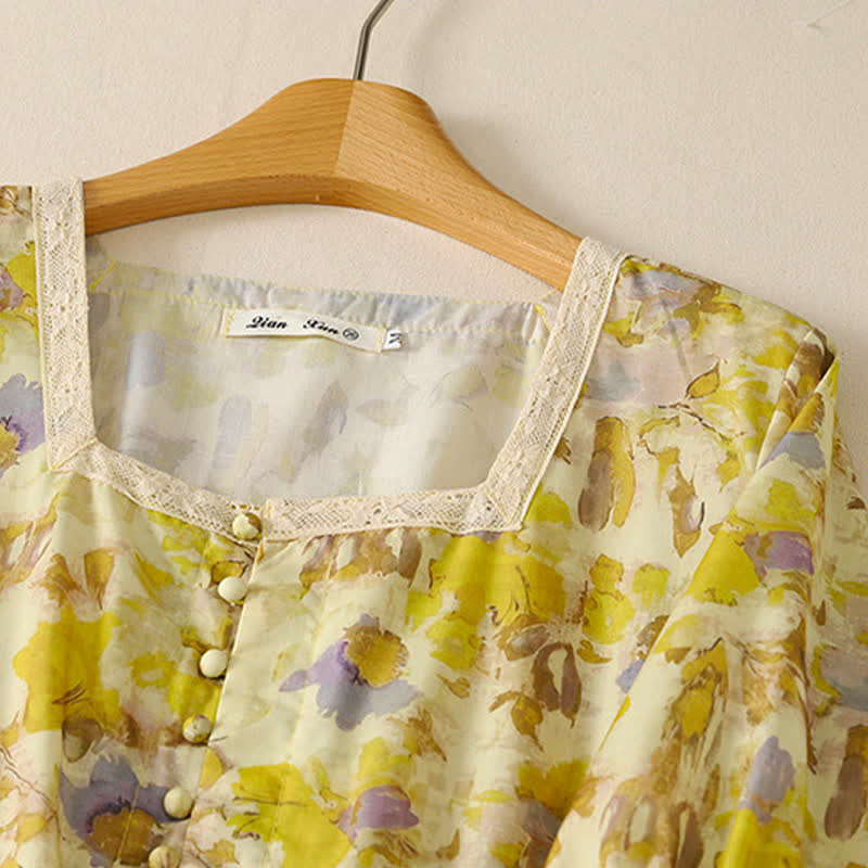Nimara Ritual Spring Summer Vintage Drawstring Floral Women's Short Sleeve Dresses With Pocket