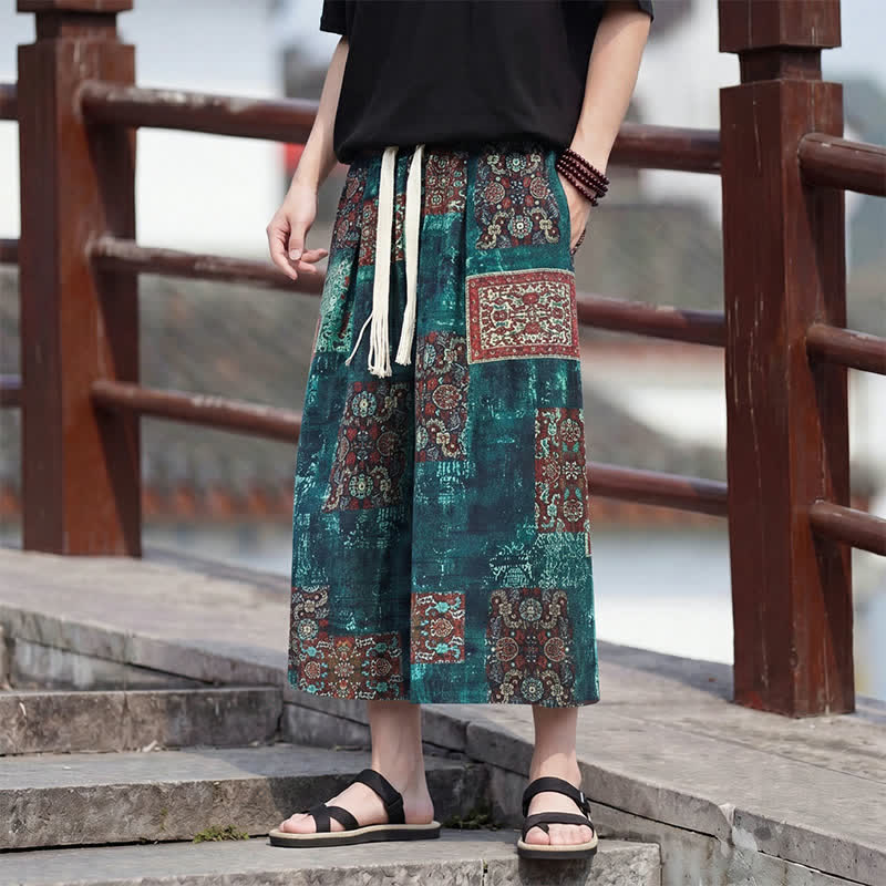 Nimara Ritual Summer Boho Vintage Drawstring Floral Capri Pants Men's Straight Leg Pants With Pocket