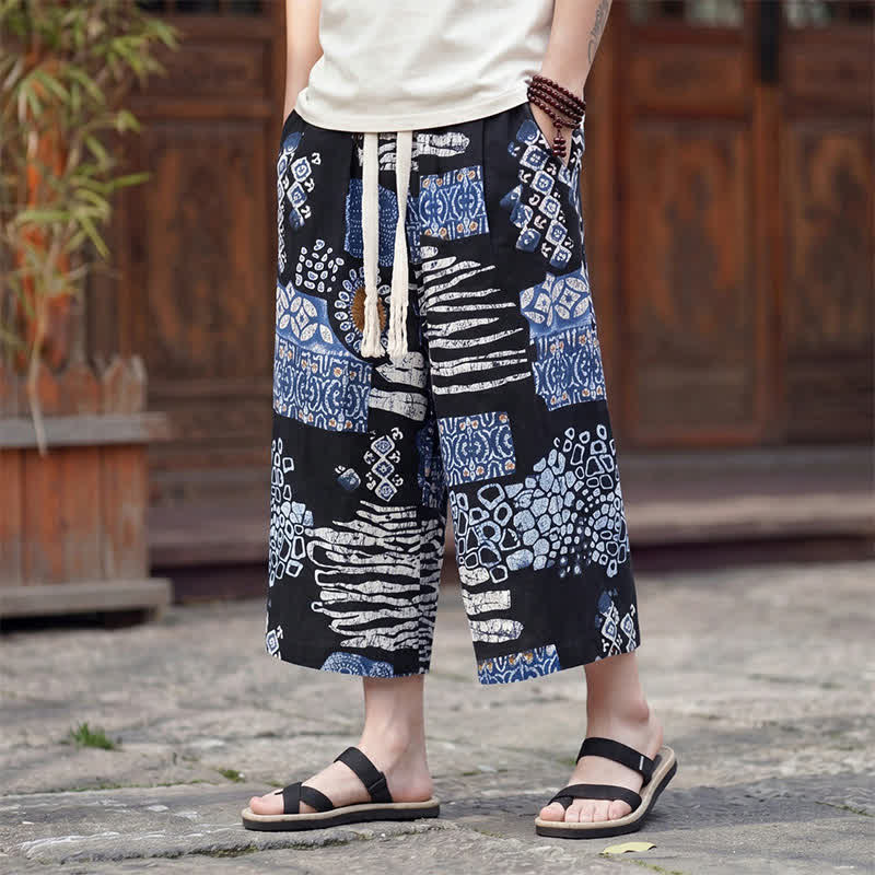 Nimara Ritual Summer Boho Vintage Drawstring Floral Capri Pants Men's Straight Leg Pants With Pocket