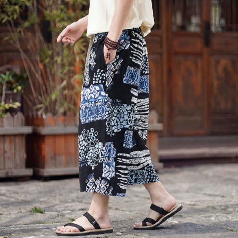 Nimara Ritual Summer Boho Vintage Drawstring Floral Capri Pants Men's Straight Leg Pants With Pocket