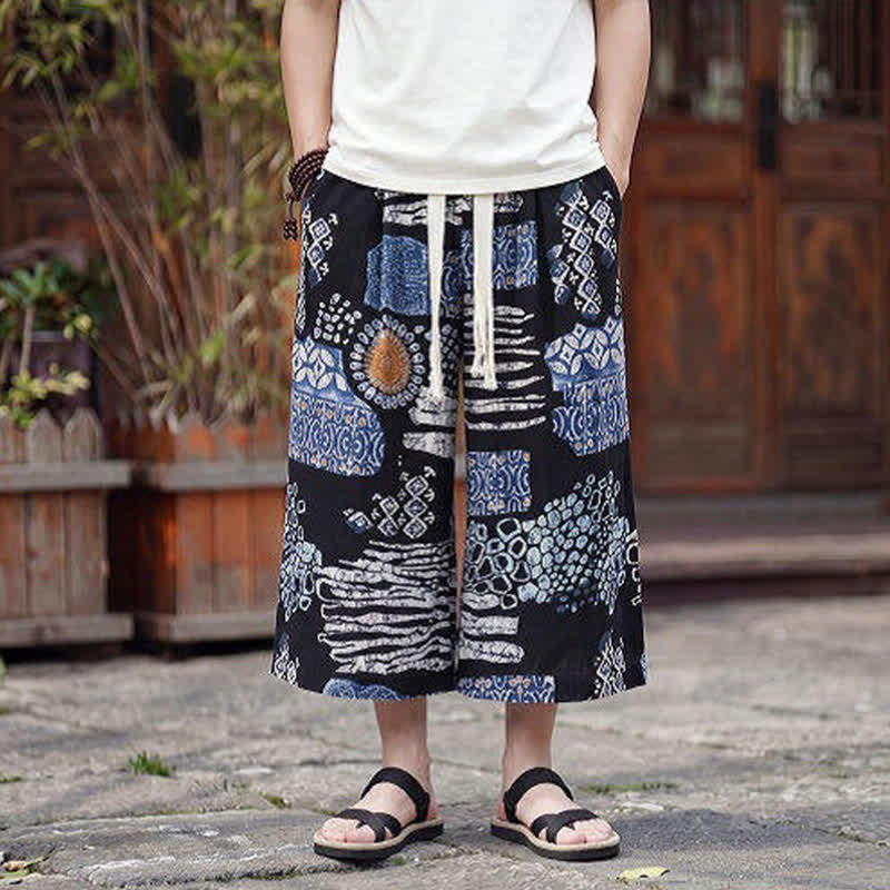 Nimara Ritual Summer Boho Vintage Drawstring Floral Capri Pants Men's Straight Leg Pants With Pocket