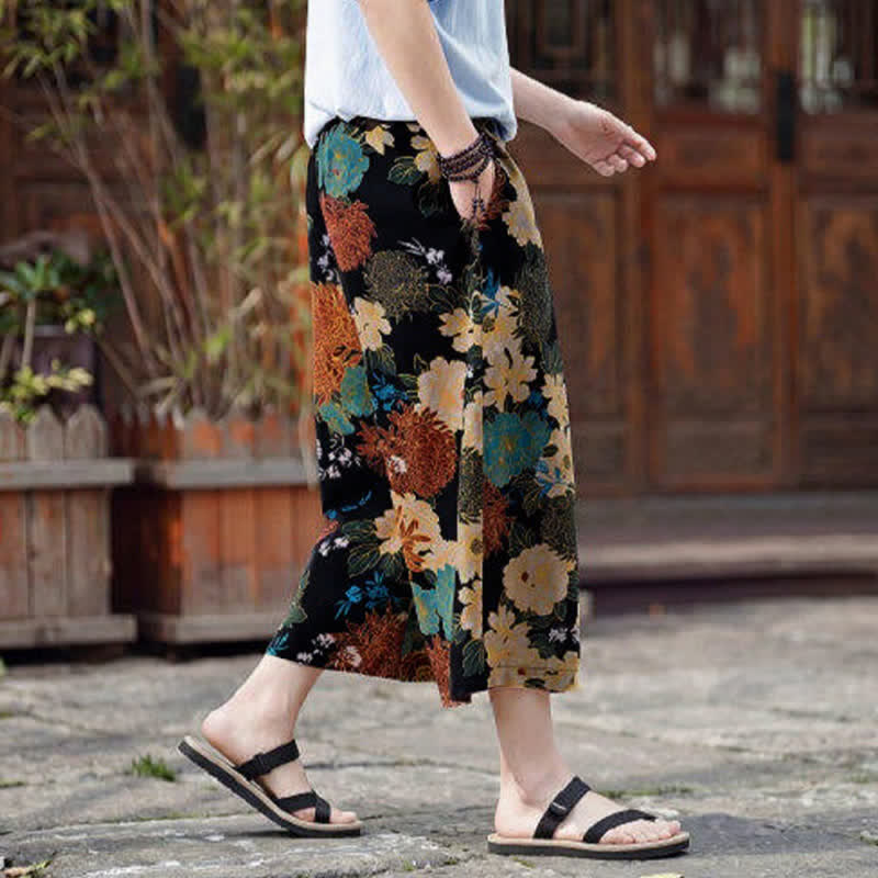Nimara Ritual Summer Boho Vintage Drawstring Floral Capri Pants Men's Straight Leg Pants With Pocket