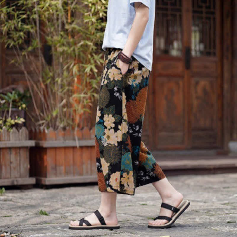 Nimara Ritual Summer Boho Vintage Drawstring Floral Capri Pants Men's Straight Leg Pants With Pocket