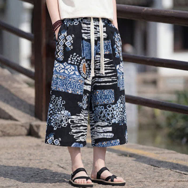 Nimara Ritual Summer Boho Vintage Drawstring Floral Capri Pants Men's Straight Leg Pants With Pocket