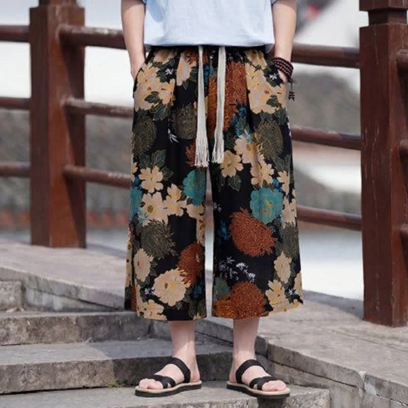 Nimara Ritual Summer Boho Vintage Drawstring Floral Capri Pants Men's Straight Leg Pants With Pocket
