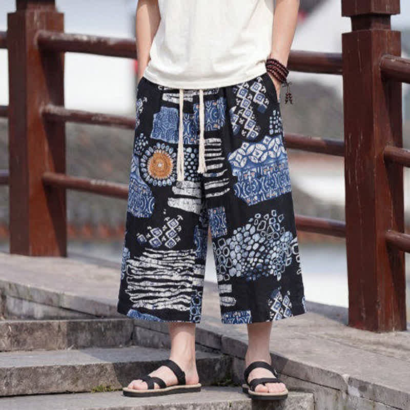 Nimara Ritual Summer Boho Vintage Drawstring Floral Capri Pants Men's Straight Leg Pants With Pocket