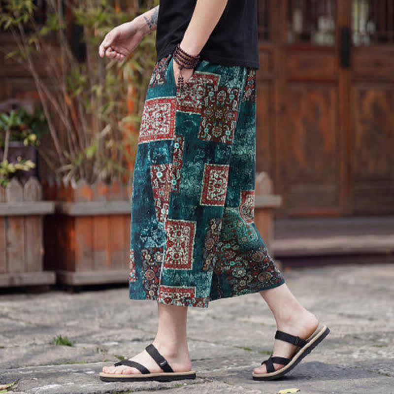 Nimara Ritual Summer Boho Vintage Drawstring Floral Capri Pants Men's Straight Leg Pants With Pocket