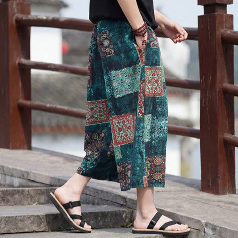 Nimara Ritual Summer Boho Vintage Drawstring Floral Capri Pants Men's Straight Leg Pants With Pocket