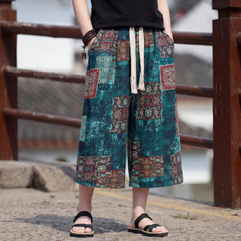 Nimara Ritual Summer Boho Vintage Drawstring Floral Capri Pants Men's Straight Leg Pants With Pocket