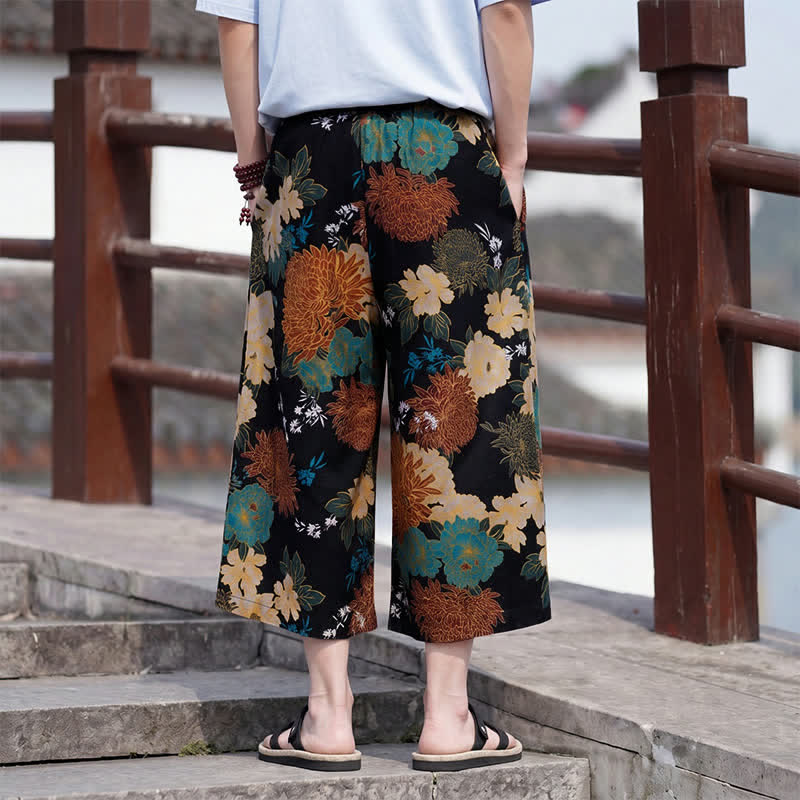 Nimara Ritual Summer Boho Vintage Drawstring Floral Capri Pants Men's Straight Leg Pants With Pocket