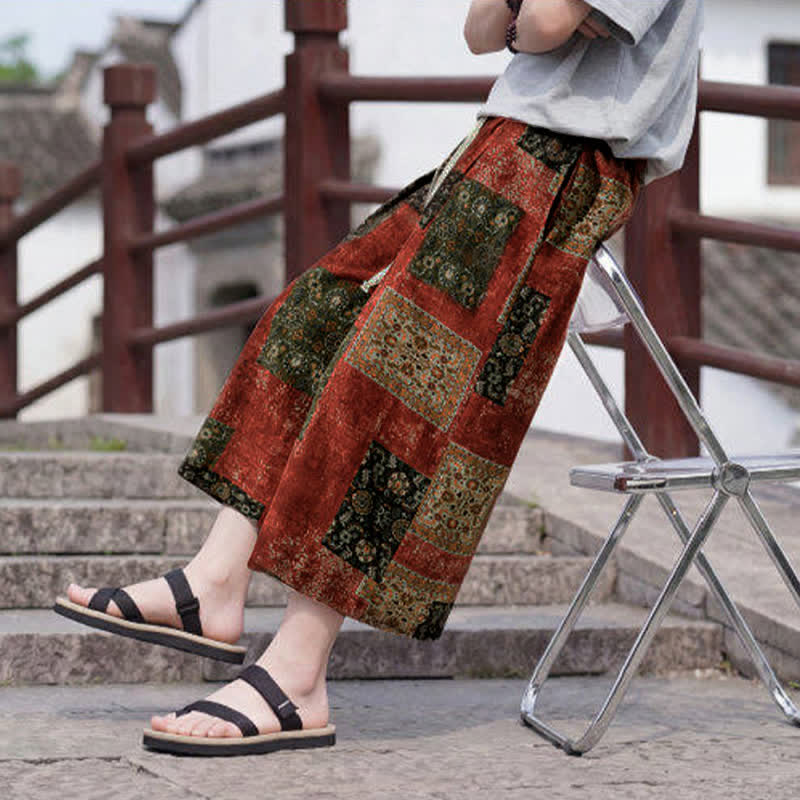 Nimara Ritual Summer Boho Vintage Drawstring Floral Capri Pants Men's Straight Leg Pants With Pocket