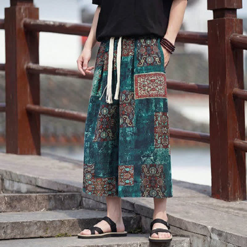 Nimara Ritual Summer Boho Vintage Drawstring Floral Capri Pants Men's Straight Leg Pants With Pocket