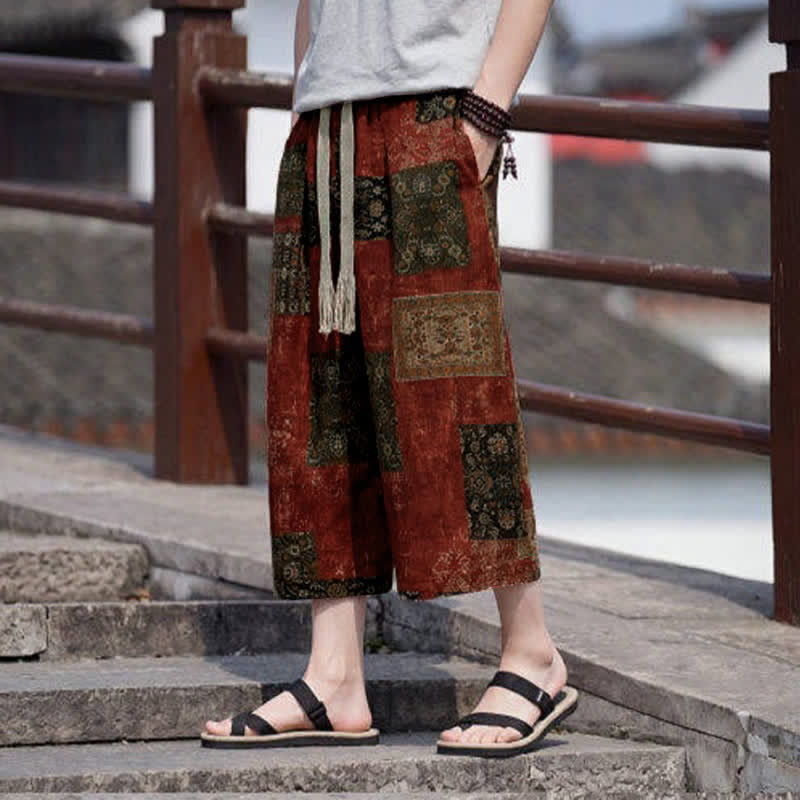 Nimara Ritual Summer Boho Vintage Drawstring Floral Capri Pants Men's Straight Leg Pants With Pocket