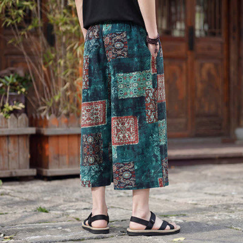 Nimara Ritual Summer Boho Vintage Drawstring Floral Capri Pants Men's Straight Leg Pants With Pocket