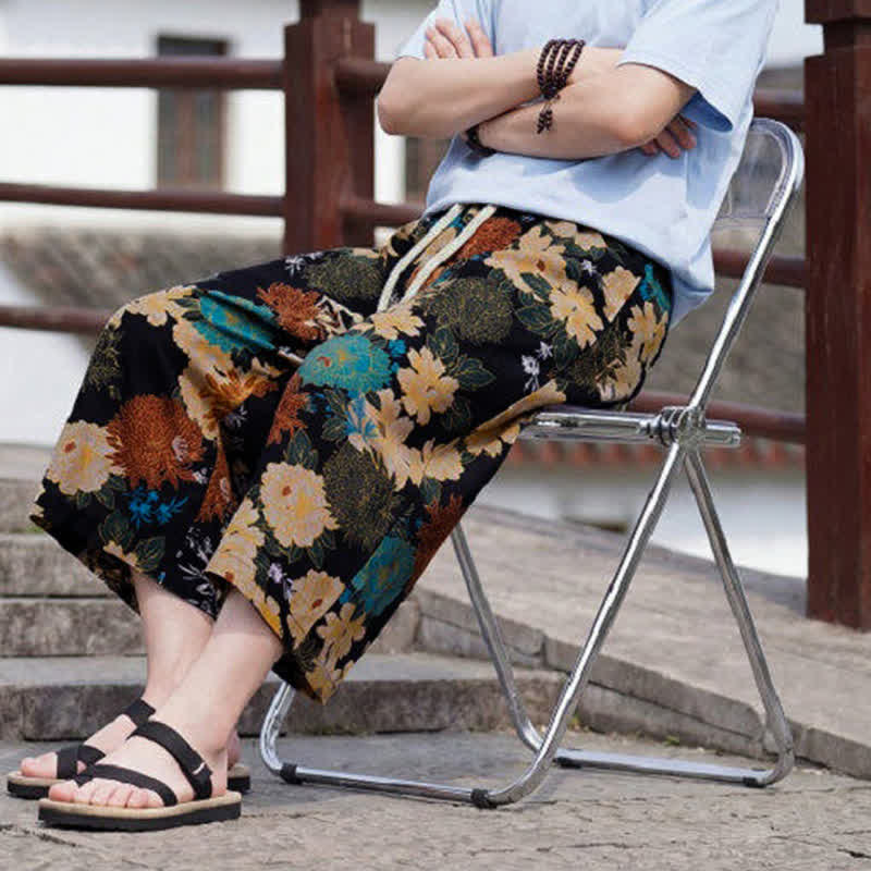 Nimara Ritual Summer Boho Vintage Drawstring Floral Capri Pants Men's Straight Leg Pants With Pocket