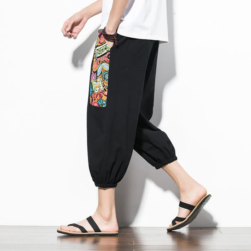 Nimara Ritual Summer Casual Boho Drawstring Abstract Capri Pants Men's Harem Pants With Pocket