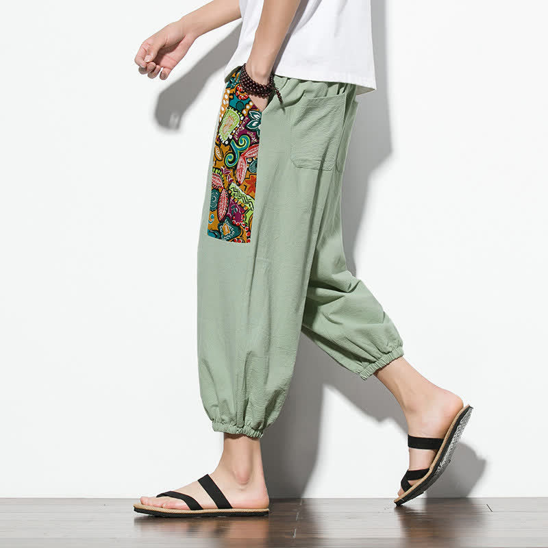 Nimara Ritual Summer Casual Boho Drawstring Abstract Capri Pants Men's Harem Pants With Pocket
