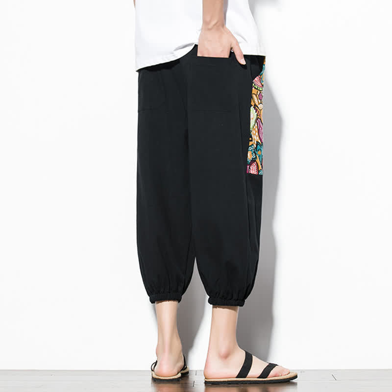 Nimara Ritual Summer Casual Boho Drawstring Abstract Capri Pants Men's Harem Pants With Pocket