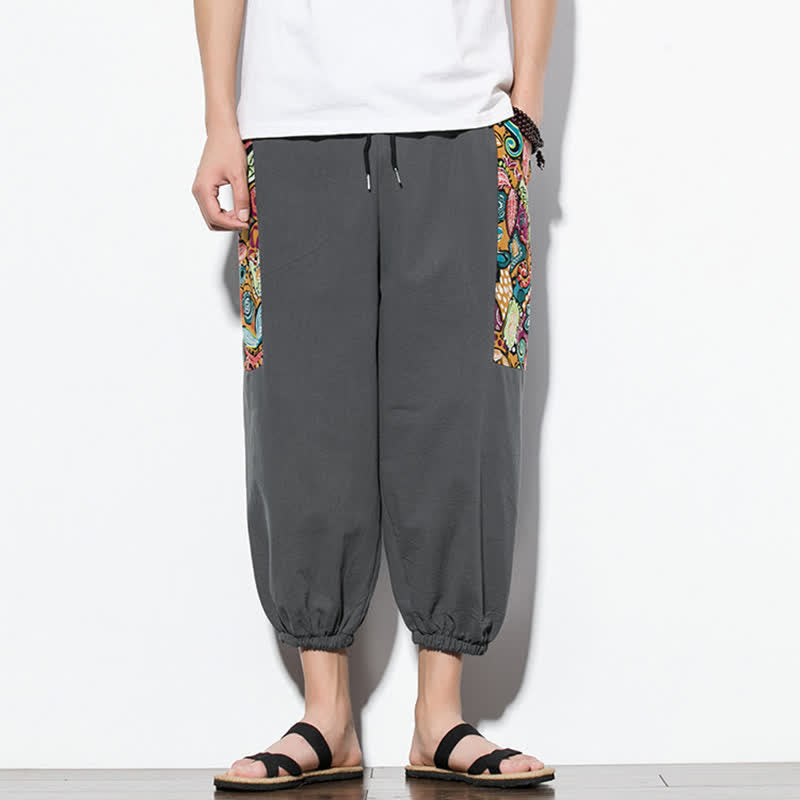 Nimara Ritual Summer Casual Boho Drawstring Abstract Capri Pants Men's Harem Pants With Pocket