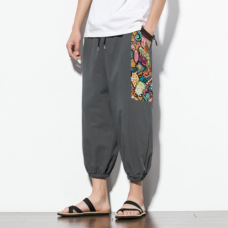 Nimara Ritual Summer Casual Boho Drawstring Abstract Capri Pants Men's Harem Pants With Pocket