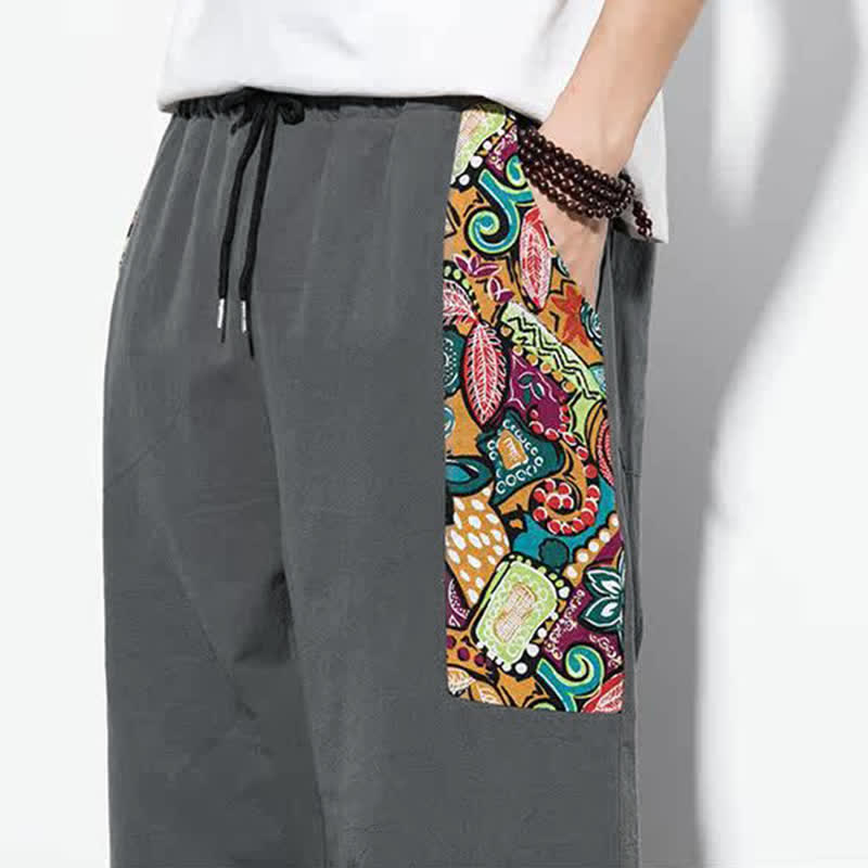 Nimara Ritual Summer Casual Boho Drawstring Abstract Capri Pants Men's Harem Pants With Pocket