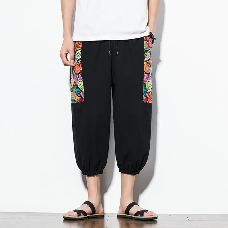 Nimara Ritual Summer Casual Boho Drawstring Abstract Capri Pants Men's Harem Pants With Pocket
