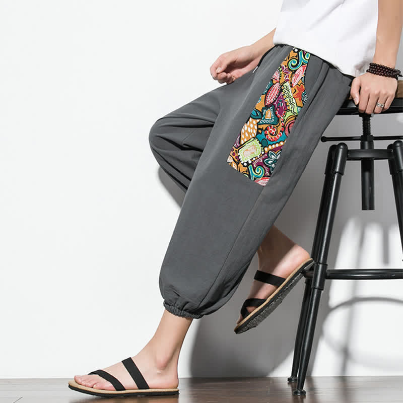 Nimara Ritual Summer Casual Boho Drawstring Abstract Capri Pants Men's Harem Pants With Pocket
