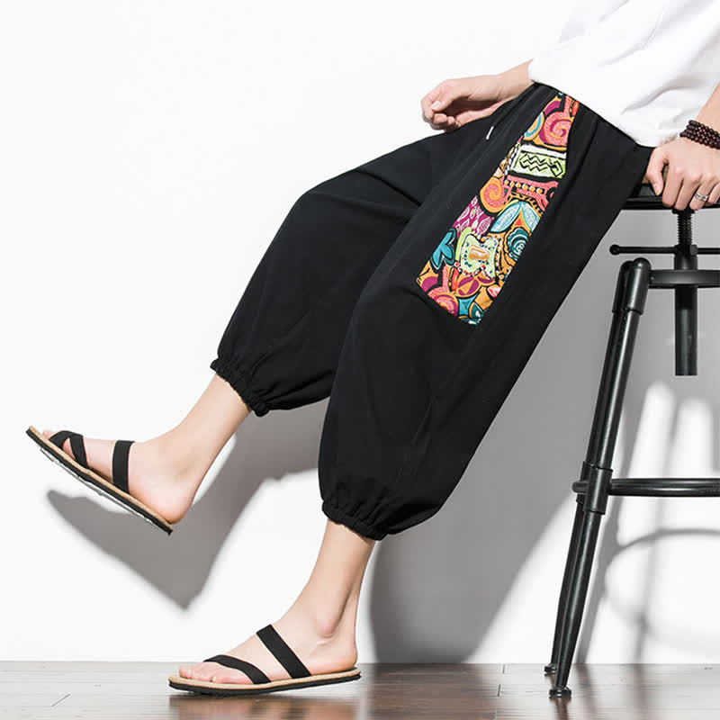 Nimara Ritual Summer Casual Boho Drawstring Abstract Capri Pants Men's Harem Pants With Pocket