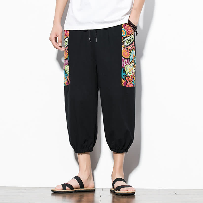 Nimara Ritual Summer Casual Boho Drawstring Abstract Capri Pants Men's Harem Pants With Pocket