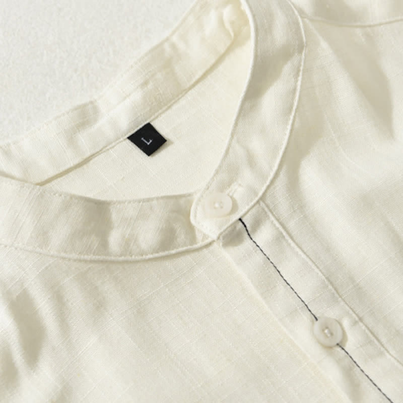 Nimara Ritual Summer Casual Tang Style Mandarin Collar Button-Up Solid Men's Short Sleeve Shirts With Pocket