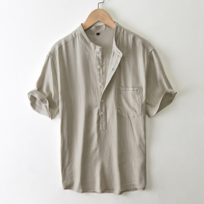 Nimara Ritual Summer Casual Tang Style Mandarin Collar Button-Up Solid Men's Short Sleeve Shirts With Pocket