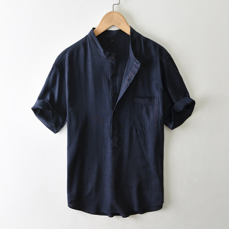 Nimara Ritual Summer Casual Tang Style Mandarin Collar Button-Up Solid Men's Short Sleeve Shirts With Pocket