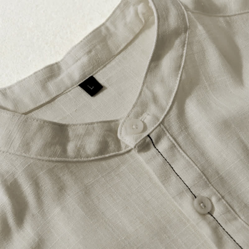 Nimara Ritual Summer Casual Tang Style Mandarin Collar Button-Up Solid Men's Short Sleeve Shirts With Pocket