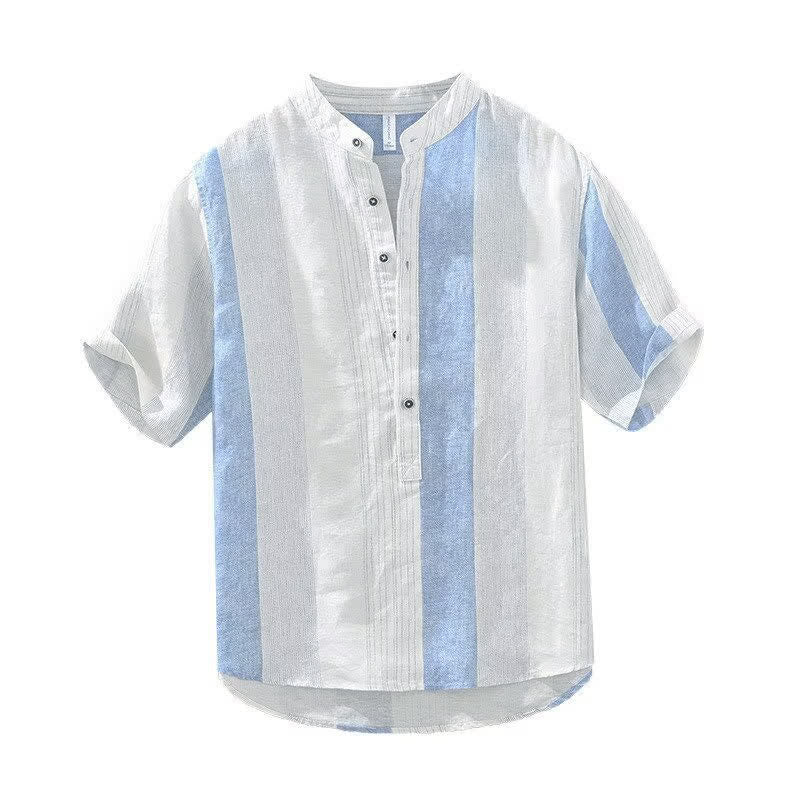 Nimara Ritual Summer Casual Tang Style Mandarin Collar Striped Men's Short Sleeve Shirts