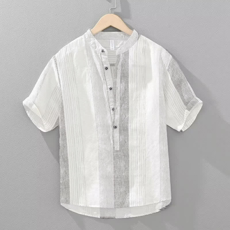 Nimara Ritual Summer Casual Tang Style Mandarin Collar Striped Men's Short Sleeve Shirts