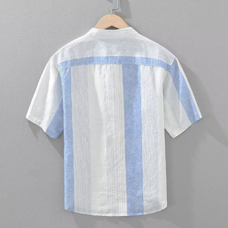 Nimara Ritual Summer Casual Tang Style Mandarin Collar Striped Men's Short Sleeve Shirts