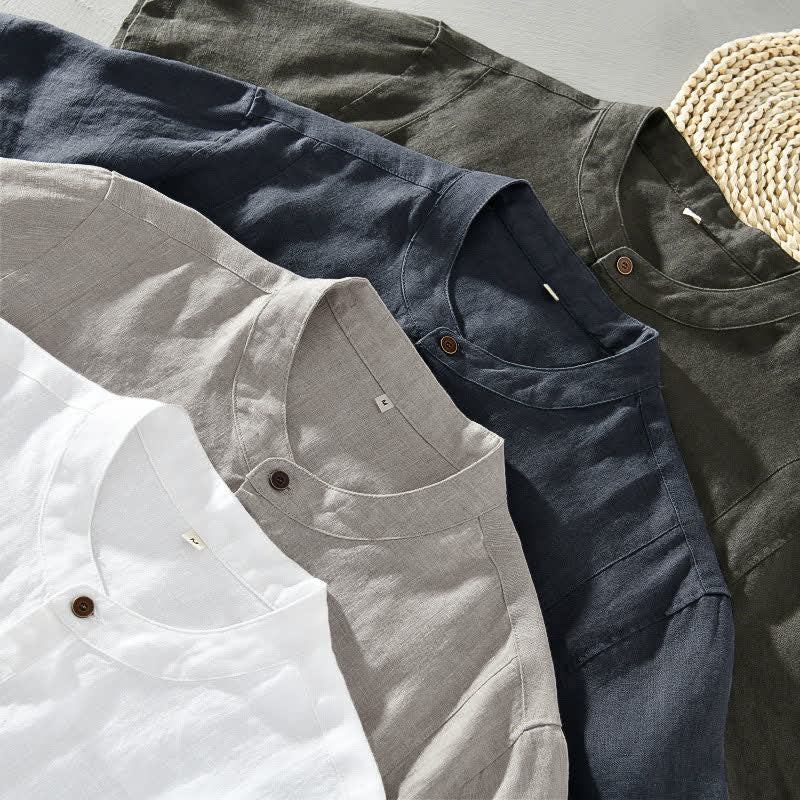 Nimara Ritual Summer Tang Style Casual Mandarin Collar Button Up Solid Men's Short Sleeve Shirts