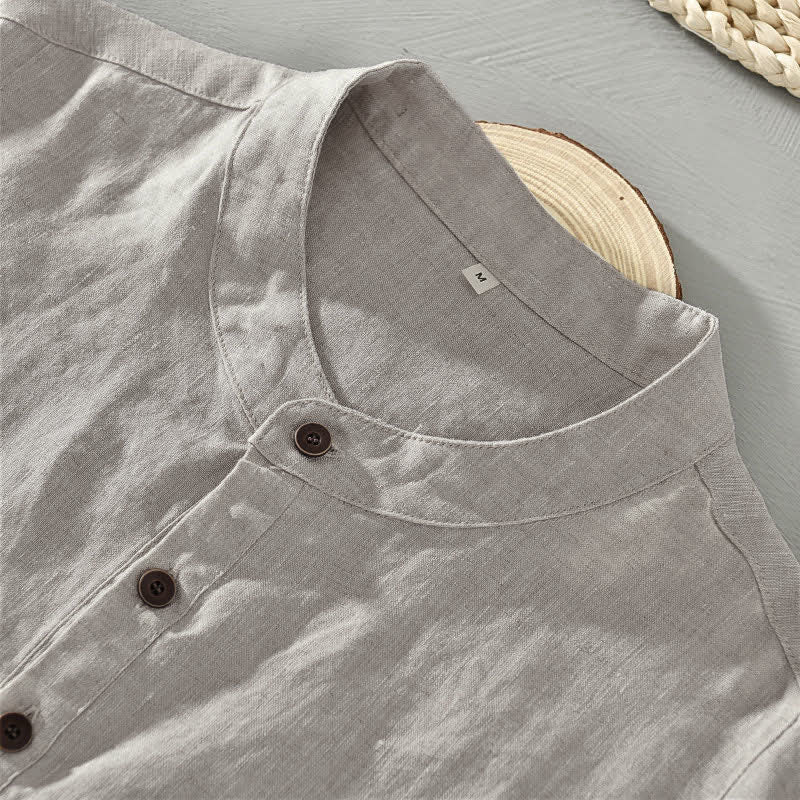 Nimara Ritual Summer Tang Style Casual Mandarin Collar Button Up Solid Men's Short Sleeve Shirts