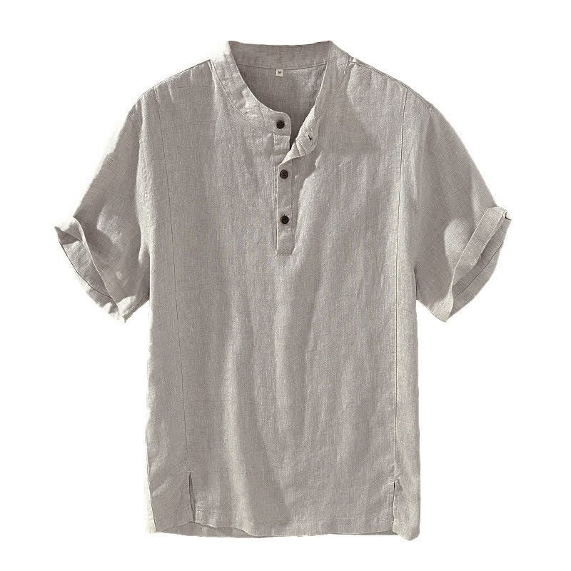 Nimara Ritual Summer Tang Style Casual Mandarin Collar Button Up Solid Men's Short Sleeve Shirts