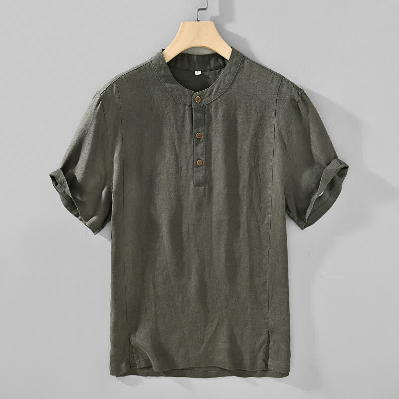 Nimara Ritual Summer Tang Style Casual Mandarin Collar Button Up Solid Men's Short Sleeve Shirts