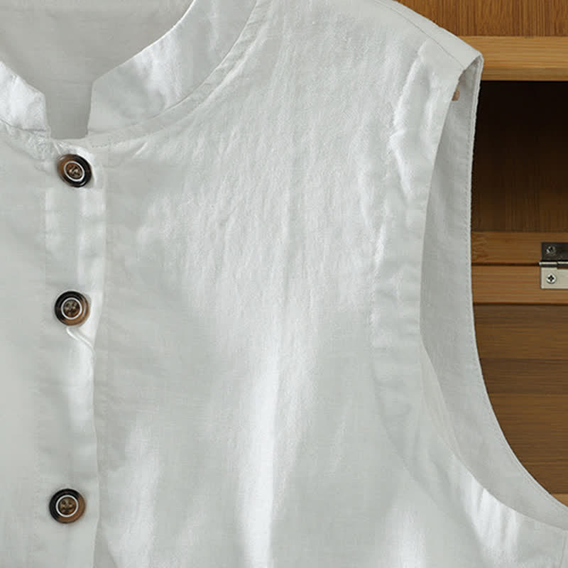 Nimara Ritual Summer Tang Style Minimalist Mandarin Collar Button-Up Solid Women's Sleeveless Shirts Tank Top With Pocket
