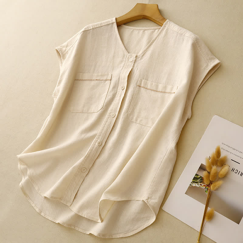 Nimara Ritual Summer Casual Minimalist Button-Up Patch Pocket Solid Women's Sleeveless Shirts Tank Top With Pocket