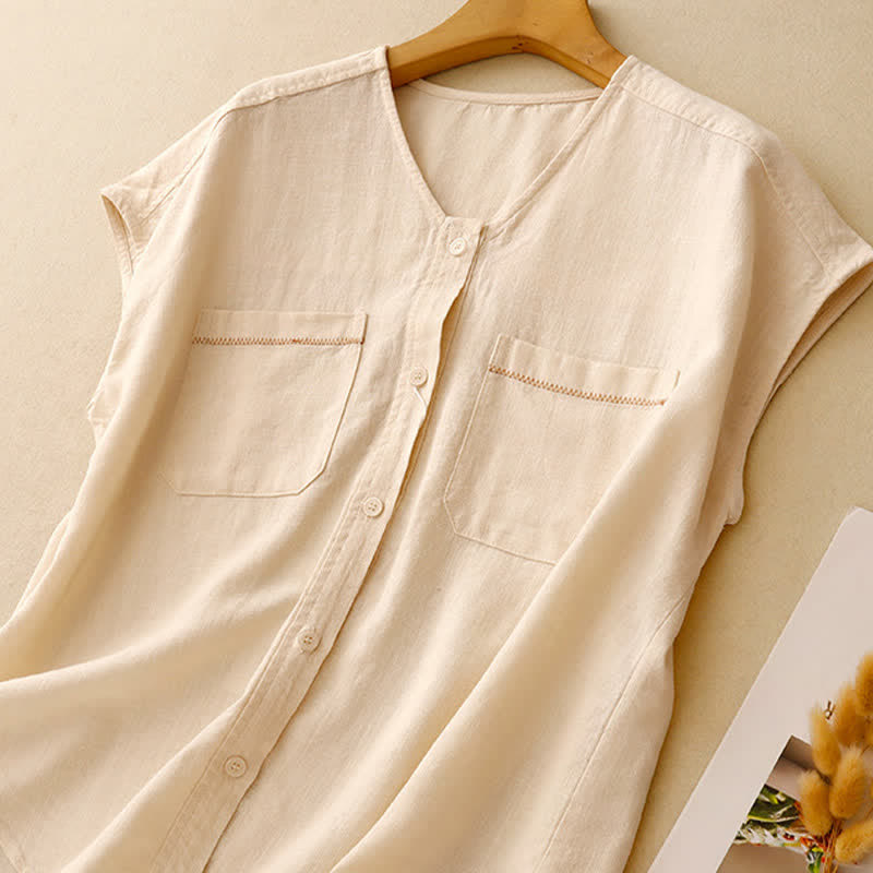 Nimara Ritual Summer Casual Minimalist Button-Up Patch Pocket Solid Women's Sleeveless Shirts Tank Top With Pocket