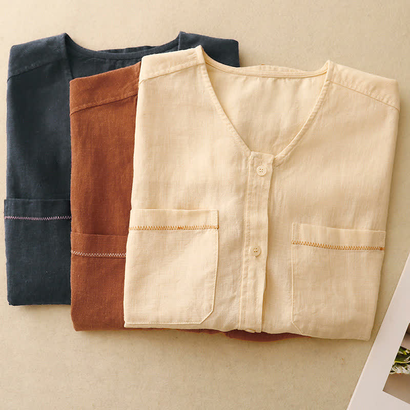 Nimara Ritual Summer Casual Minimalist Button-Up Patch Pocket Solid Women's Sleeveless Shirts Tank Top With Pocket
