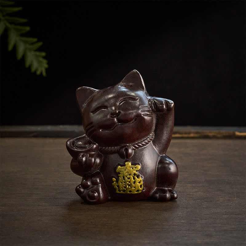Nimara Ritual Attract Wealth Lucky Cat Ebony Wood Carved Blessing Decoration