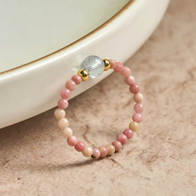 Nimara Ritual 2mm Mini Beads Natural Rhodonite Aquamarine Topaz Rose Quartz Healing Elastic Ring