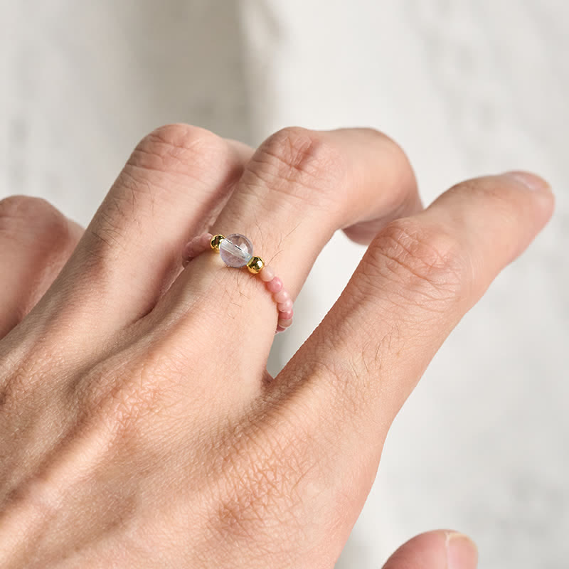 Nimara Ritual 2mm Mini Beads Natural Rhodonite Aquamarine Topaz Rose Quartz Healing Elastic Ring