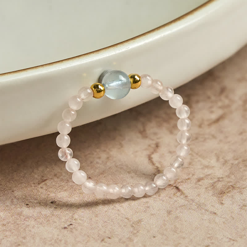 Nimara Ritual 2mm Mini Beads Natural Rhodonite Aquamarine Topaz Rose Quartz Healing Elastic Ring