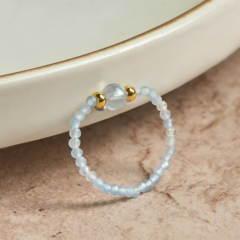 Nimara Ritual 2mm Mini Beads Natural Rhodonite Aquamarine Topaz Rose Quartz Healing Elastic Ring